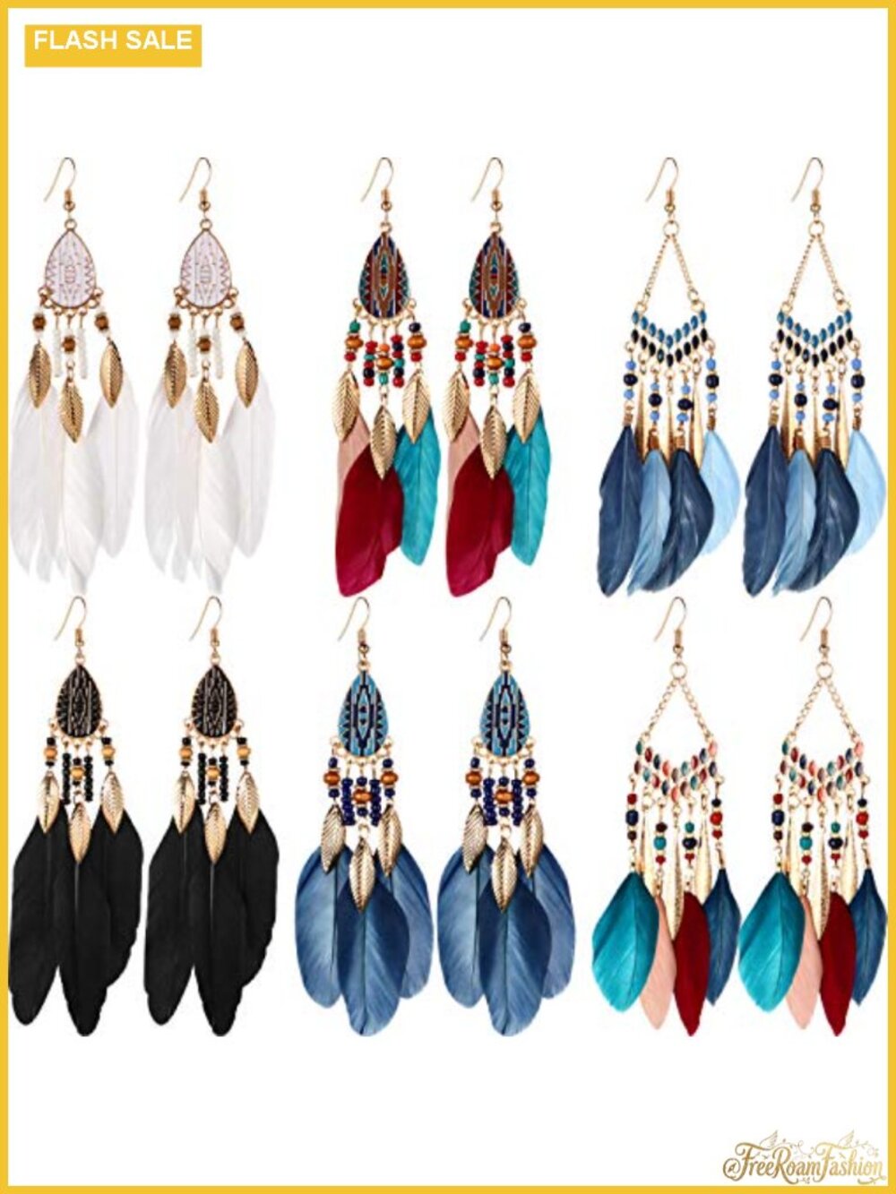 6 Pairs Bohemian Faux Feather Tassel Drop Dangle Earrings Set